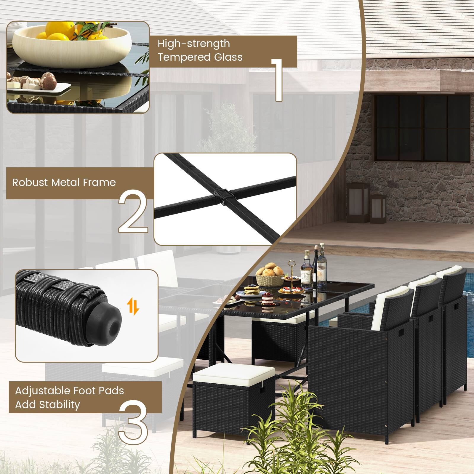 High-strength Tempered Glass 1, Robust Metal Frame 2, Adjustable Foot Pads Add Stability 3