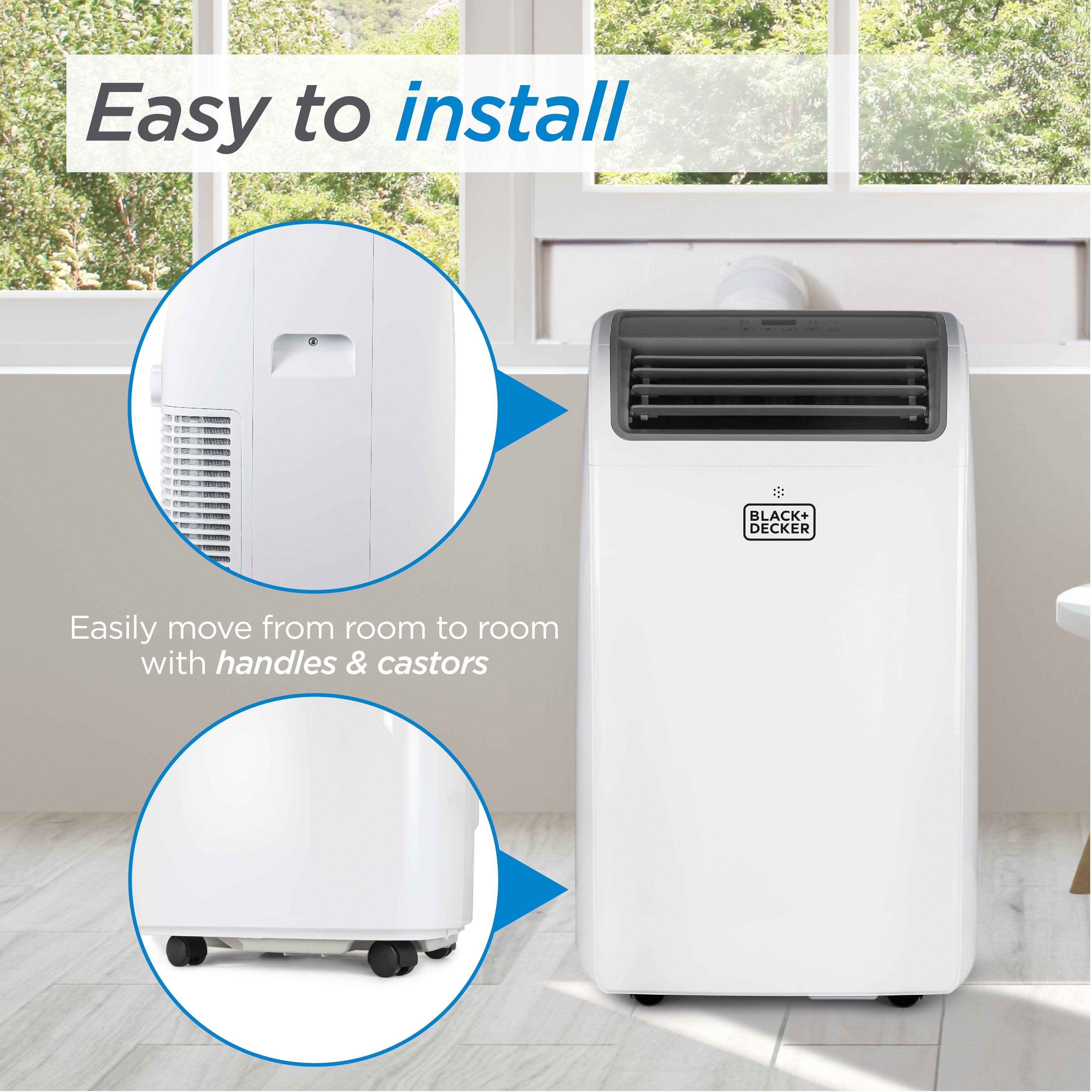 Easy to install Black+Decker air conditioner. Easily move from room to room with handles and castors.