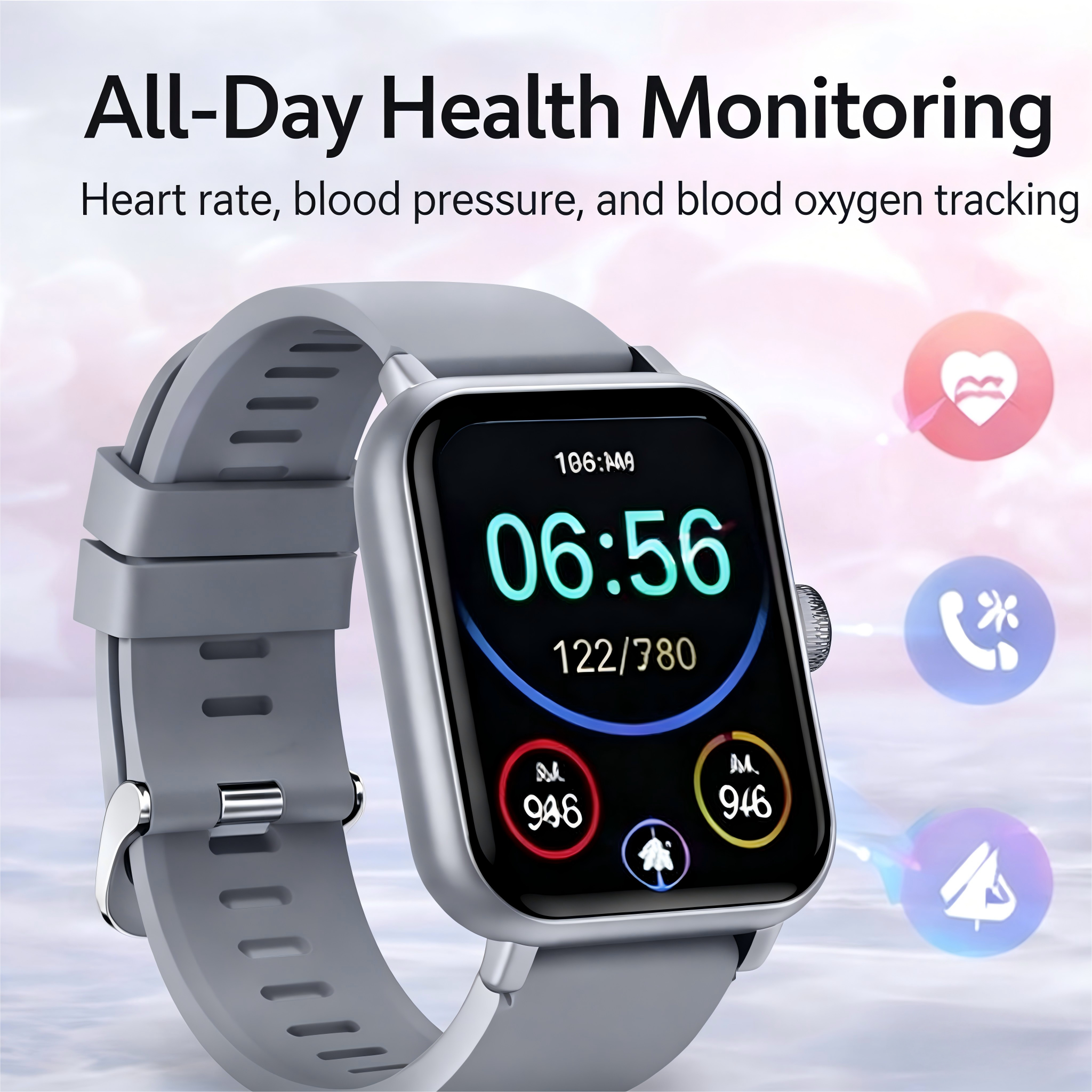 All-Day Health Monitoring  
Heart rate, blood pressure, and blood oxygen tracking  

106:AM 06:56  
122/780  
946 M. 946