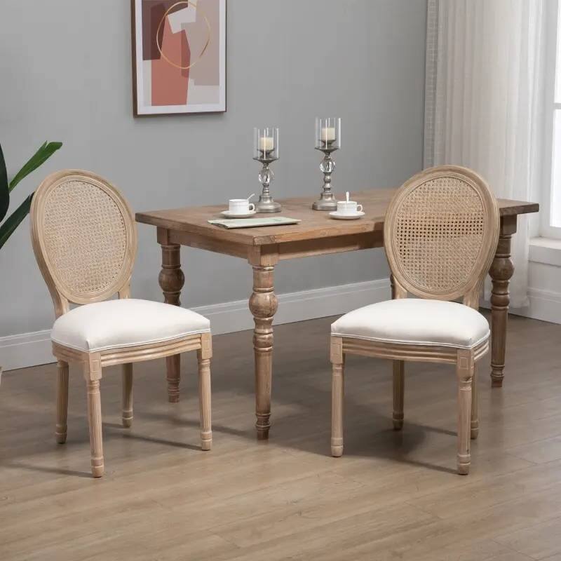 Angle. SlickBlue - Set of 2 Vintage Upholstered Dining Chairs with Armless Rattan Back - Beige, White.