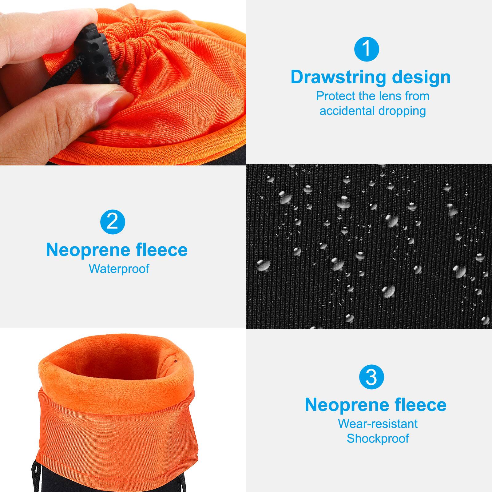 1. Drawstring design  
   Protect the lens from accidental dropping  

2. Neoprene fleece  
   Waterproof  

3. Neoprene fleece  
   Wear-resistant  
   Shockproof