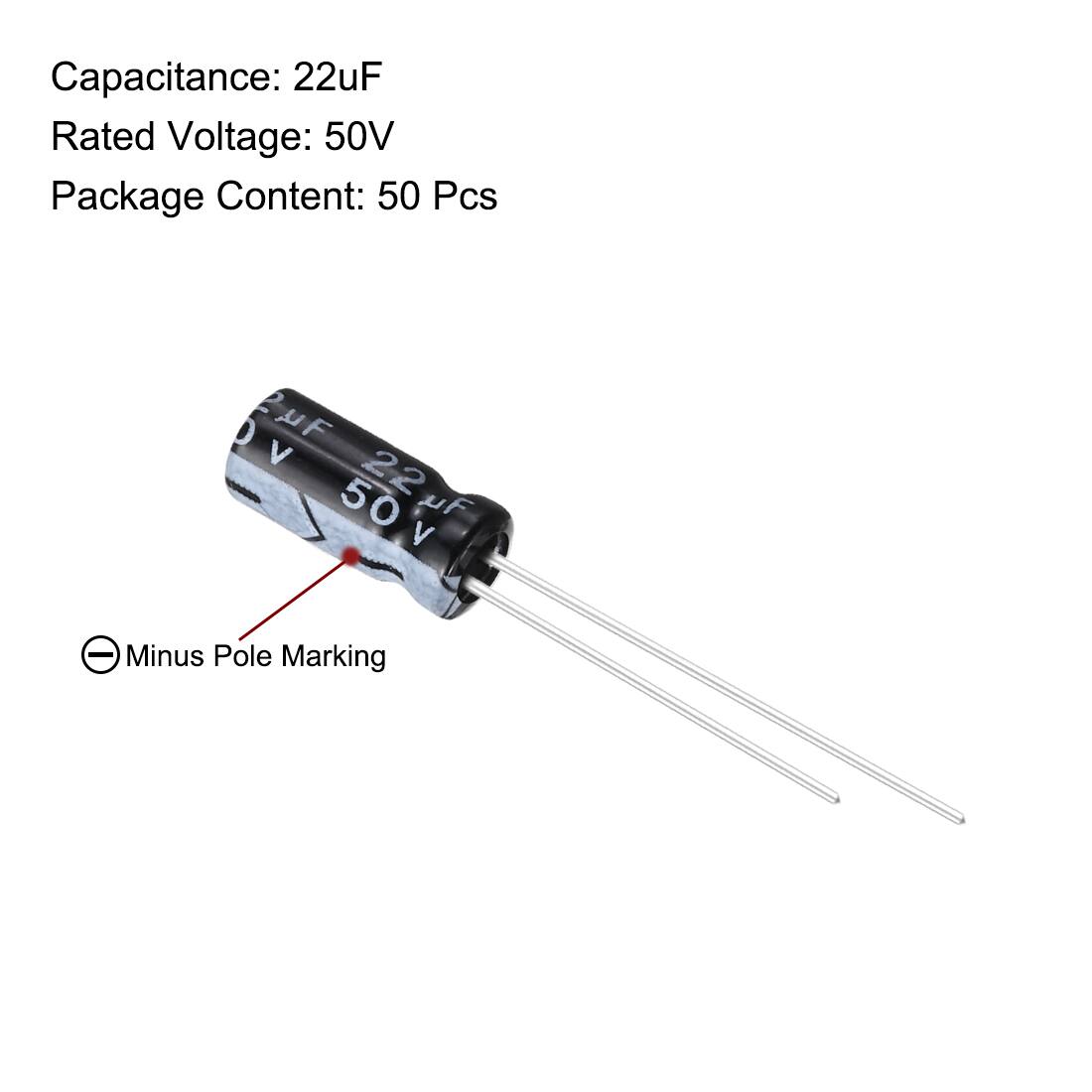 Capacitance: 22uF  
Rated Voltage: 50V  
Package Content: 50 Pcs  

Minus Pole Marking