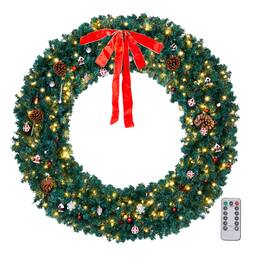 Winado - 72in Pre-Lit Christmas Wreath with LED Lights, Bows, Ornaments for Door Wall Indoor Outdoor Holiday Party Decorations - Green