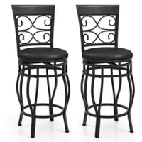 Costway Set of 2 Vintage Metal Swivel Bar Stools 26" Bistro Upholstered Dining Chairs - Black - Front_Zoom