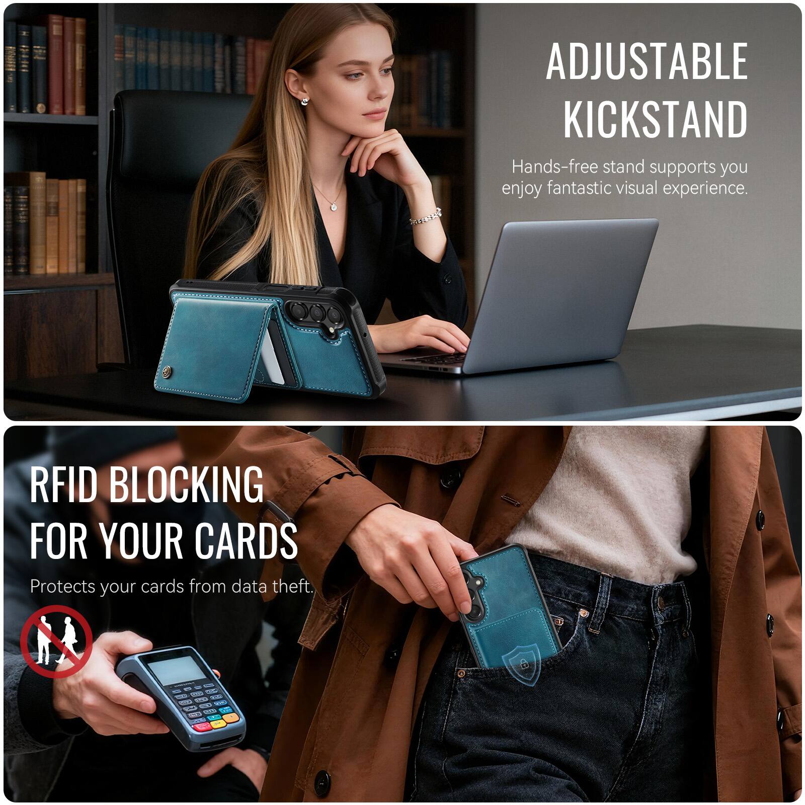 ADJUSTABLE KICKSTAND  
Hands-free stand supports you enjoy fantastic visual experience.  

RFID BLOCKING FOR YOUR CARDS  
Protects your cards from data theft.
