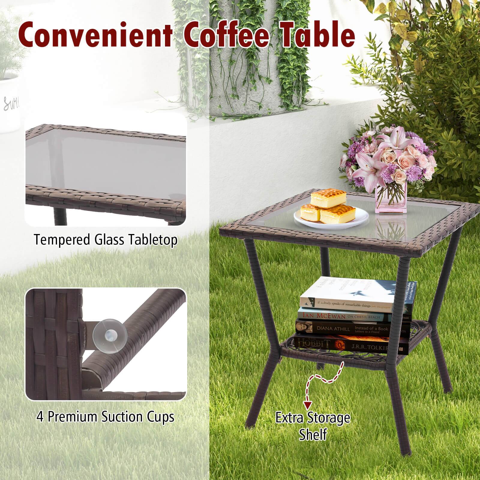 Convenient Coffee Table: Tempered Glass Tabletop, 4 Premium Suction Cups, Extra Storage Shelf