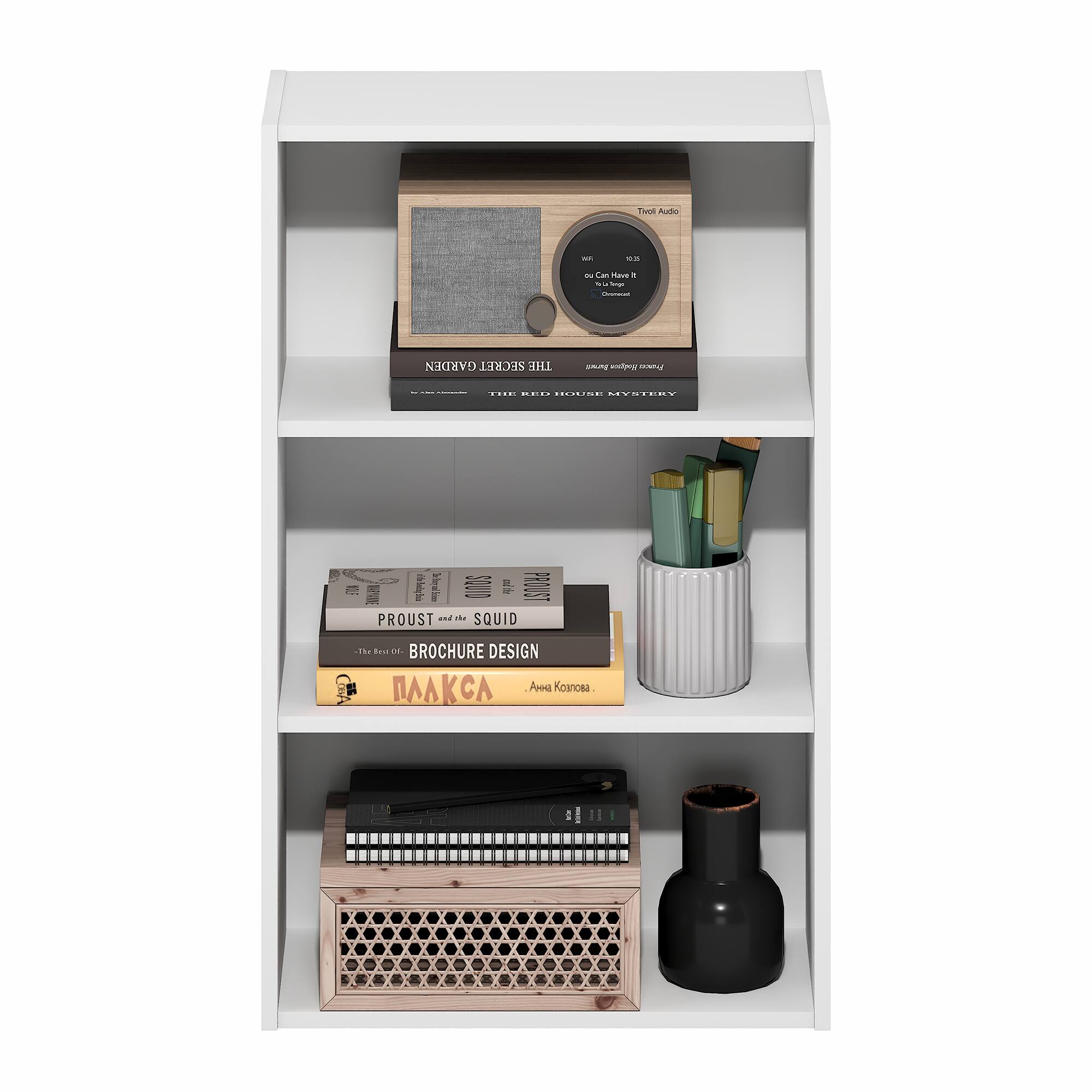 Sure, here is the corrected and grouped text from the image:

**Top Shelf:**
- Trivial Audio
  - Wi-Fi
  - 16.5
  - You Can Have It
  - Composed by
  - Ian Boddy
- The Garden Secret
- The House Mystery

**Middle Shelf:**
- Proust and Squid
- The Reader on Design
- МАКСА
  - Анна Козлова

**Bottom Shelf:**
- (No visible text)