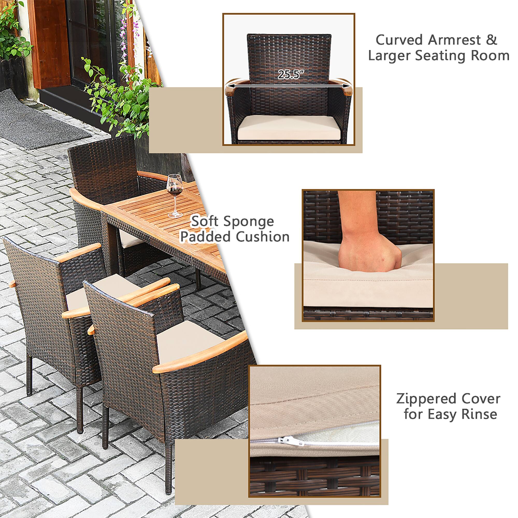 The image features a patio set with a table and chairs. The table has a zippered cover for easy rinse, and the chairs have soft sponge padded cushions. The set also includes a curved armrest and a larger seating room. The chairs are arranged around the table, creating a comfortable outdoor dining area.