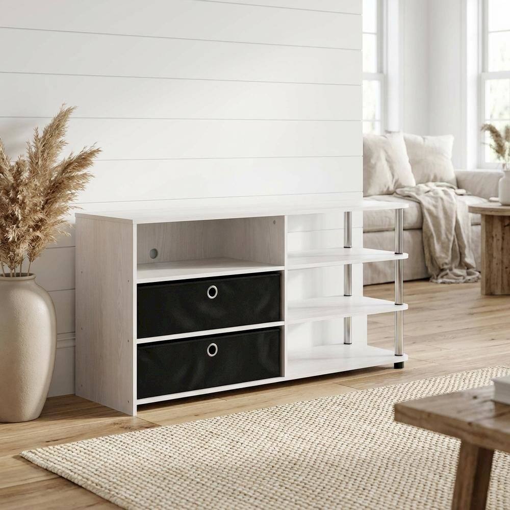 Alt View 1. FurniFact - Wooden TV stand for up to 55 inches with storage bins, White Oak finish - White.