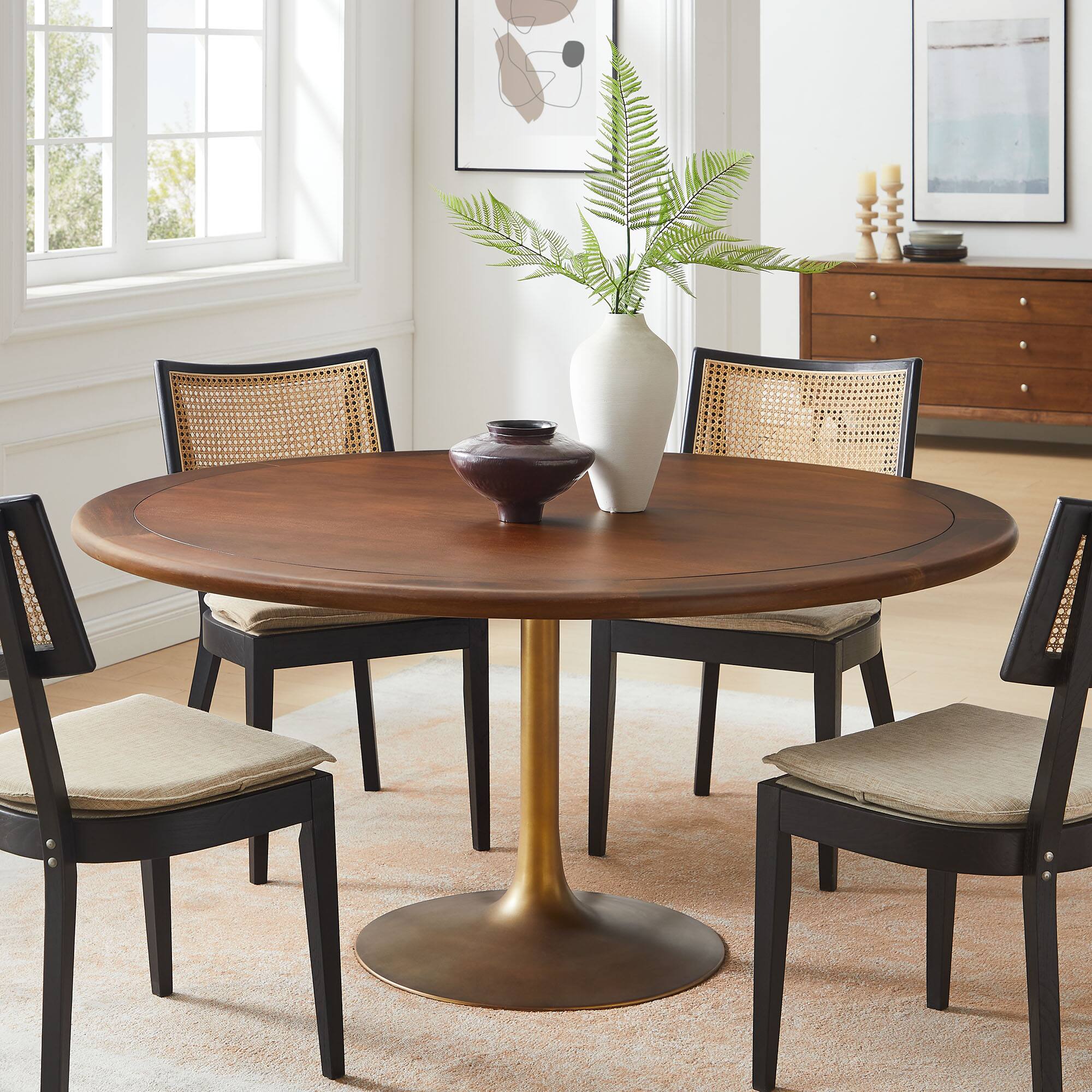 Alt View 5. Modway - Lippa 60" Round Pedestal Solid Wood Dining Table by Modway - Brass Walnut.