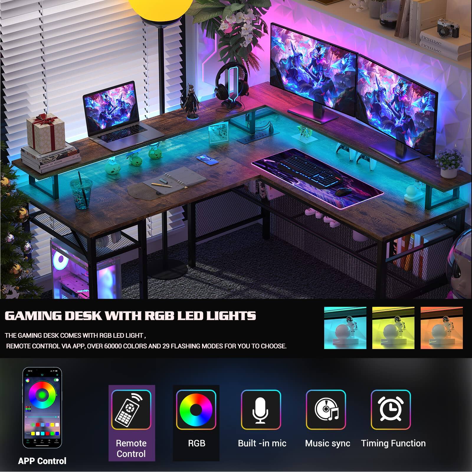 **GAMING DESK WITH RGB LED LIGHTS**

The gaming desk comes with RGB LED light, remote control via app, over 60000 colors and 29 flashing modes for you to choose.

- APP Control
- Remote Control
- RGB
- Built-in mic
- Music sync
- Timing Function