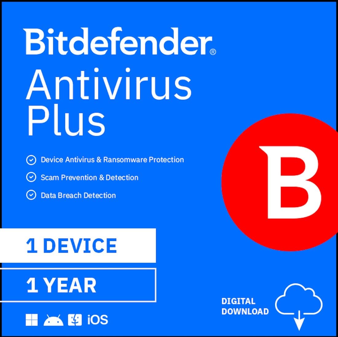 Bitdefender - Antivirus Plus 1 Device 1 year - Windows, Apple iOS, Mac OS, Android, Linux [Digital]