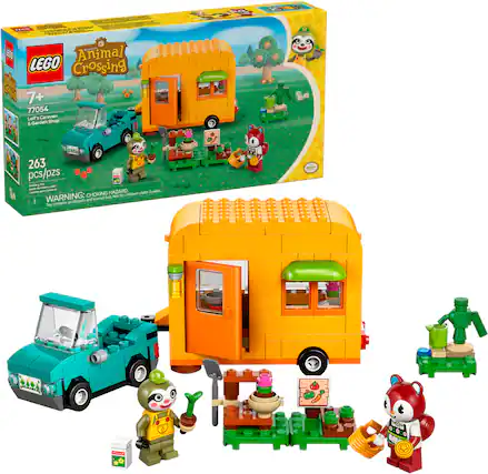 The image features a Lego set called Animal Crossing, which includes a caravan and garden shop. The set is designed for children aged 7 and above and contains 263 pieces. The box shows a scene of a caravan and a garden shop, with several small figures of animals and people surrounding the area. The set is a fun and engaging toy for children to play with and create their own stories and adventures.