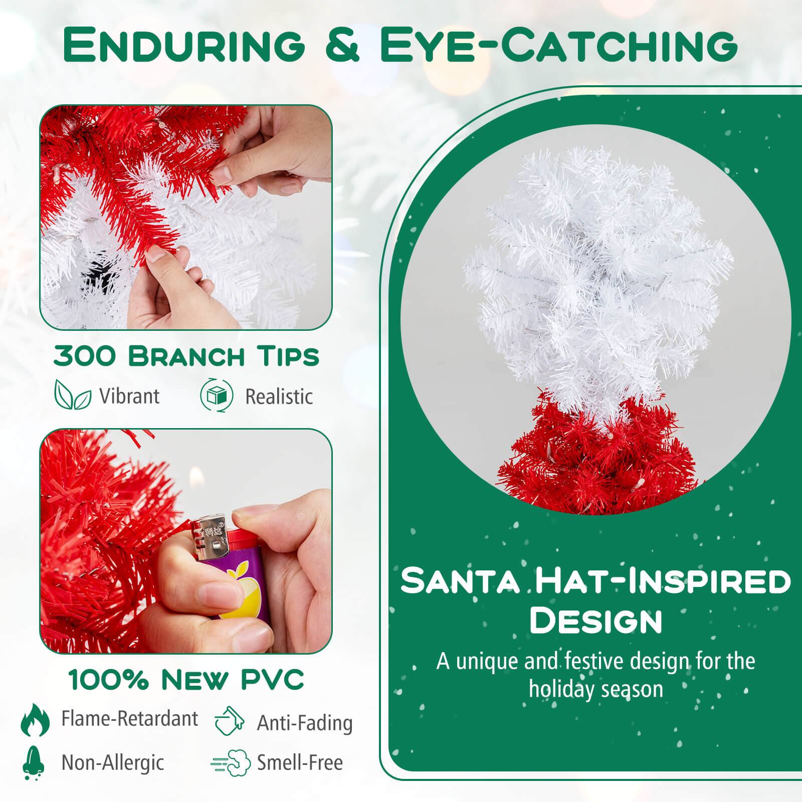 **ENDURING & EYE-CATCHING**

- **300 BRANCH TIPS**
  - Vibrant
  - Realistic

- **100% NEW PVC**
  - Flame-Retardant
  - Anti-Fading
  - Non-Allergic
  - Smell-Free

**SANTA HAT-INSPIRED DESIGN**
- A unique and festive design for the holiday season