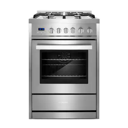 Front. COSMO - COS-244AGC 24 in. Nebula Collection 2.73 cu. ft. Gas Range, 4 Burners, Rapid Convection Oven, Cast Iron Grates - Stainless Steel.