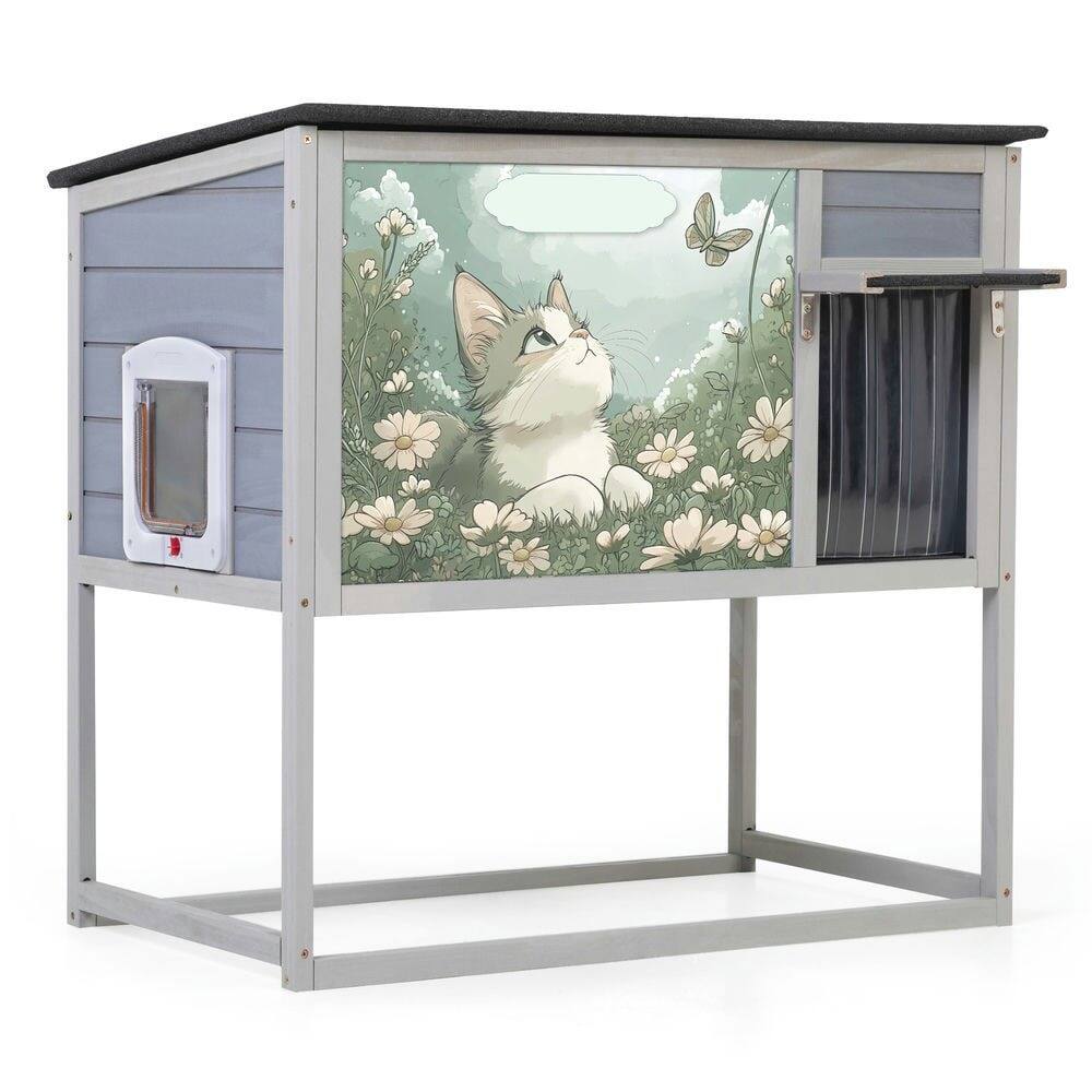 Back. Resenkos - Resenkos Elevated Cat Shelter, Weatherproof Feral Home With High Legs, Curtained & Escape Door, Openable Top, Gray.