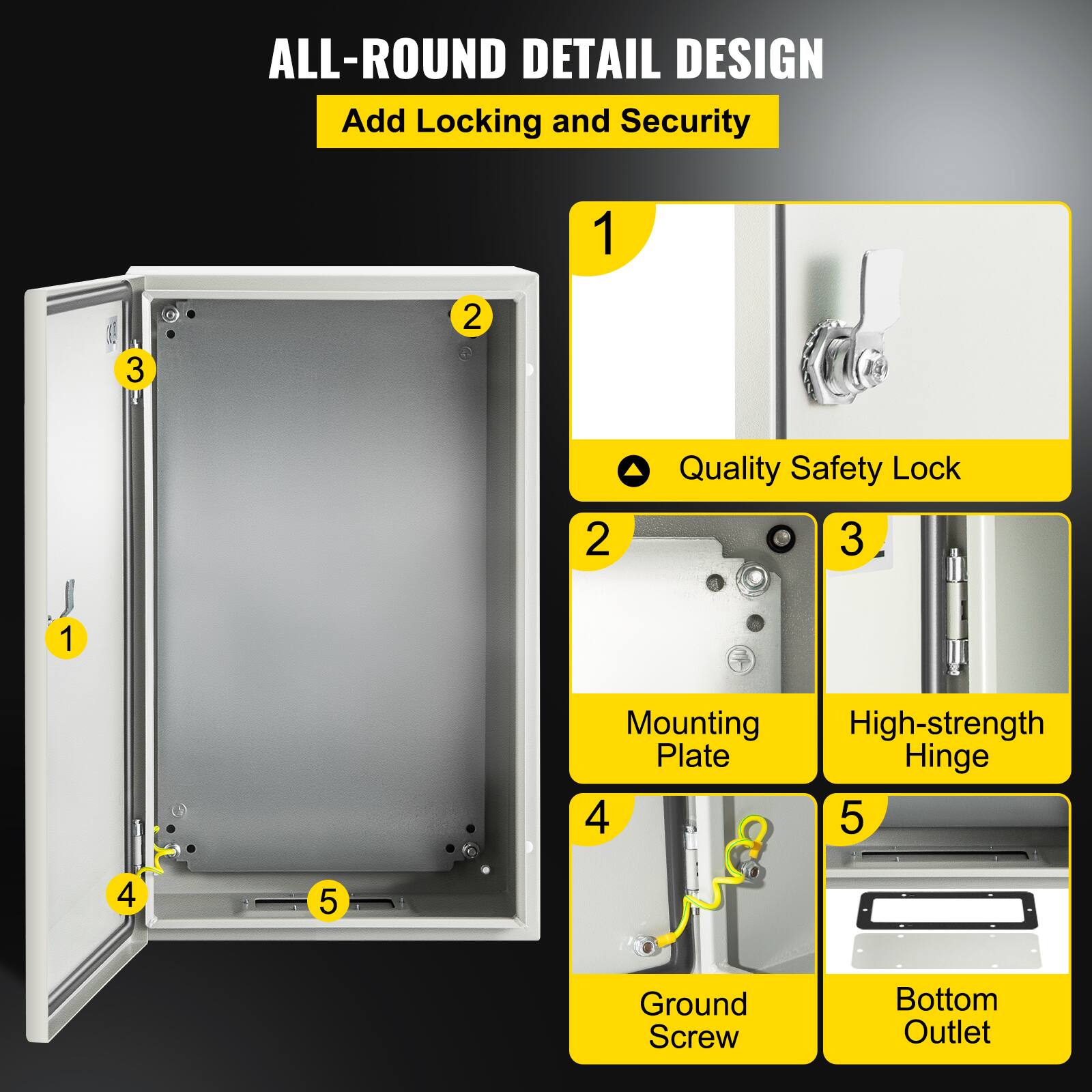 ALL-ROUND DETAIL DESIGN  
Add Locking and Security  

1. Quality Safety Lock  
2. Mounting High-strength Plate  
3. Hinge  
4. Ground Screw  
5. Bottom Outlet