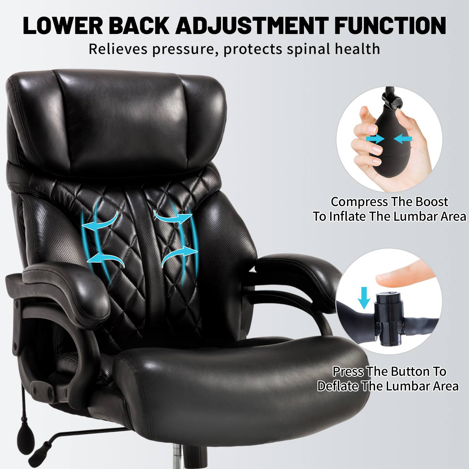 LOWER BACK ADJUSTMENT FUNCTION  
Relieves pressure, protects spinal health  

Compress The Boost To Inflate The Lumbar Area  

Press The Button To Deflate The Lumbar Area
