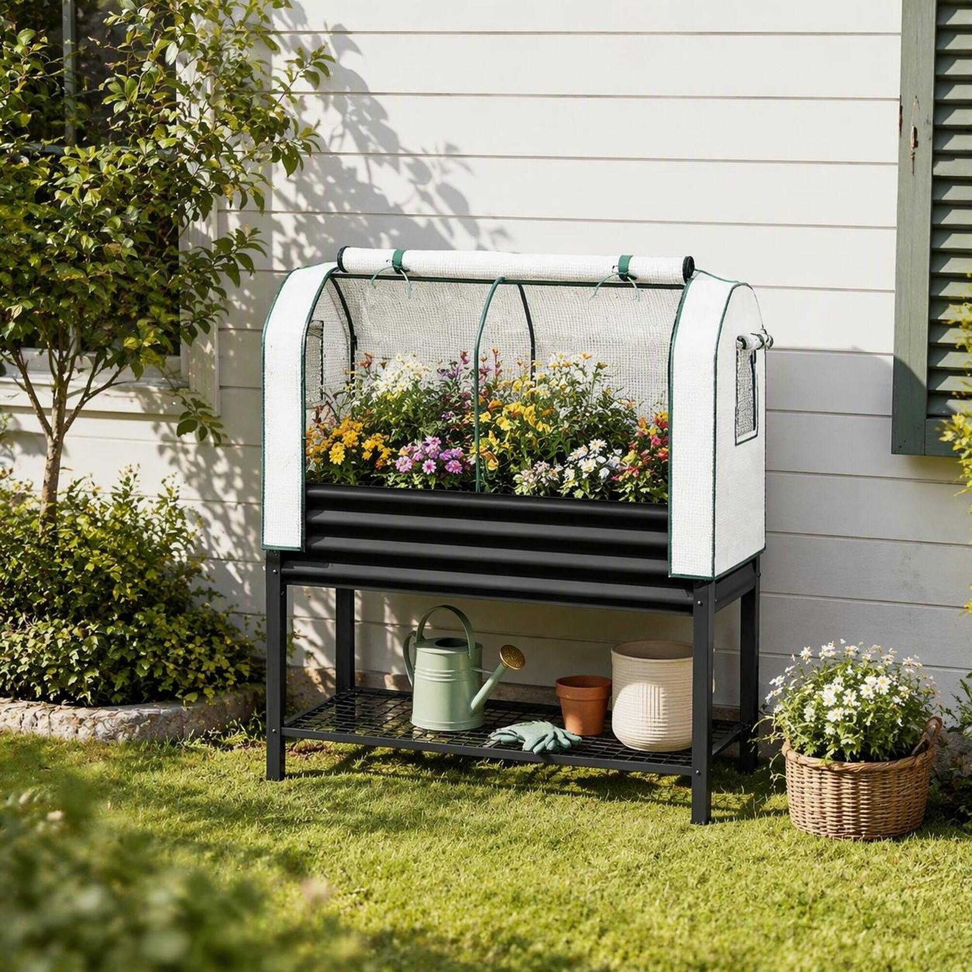 Angle. RYHNUYNE - Raised Garden Bed with Legs and PE Greenhouse Cover, Elevated Planter Box with Mesh Shelf, 47.2 Inch Black Metal - Black.