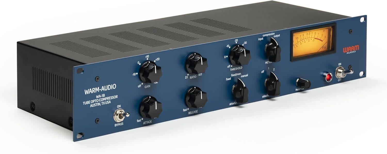 A WARM-AUDIO WA-18 COMPRESSOR TUBE OPTO TXUSA TX AUSTIN, ON BYPASS +10 +20 0, -10 NJ off GAIN fast ATTACK I 21 RATIO fast RELEASE os -30 -10 0 off THRESHOLD fixed (manual fored attack) compression output input ET I 2 off sidech 321 1 0 5 7 10 I . - x Meter 1 / 2 3 vu WARM AUDIO ON OFF