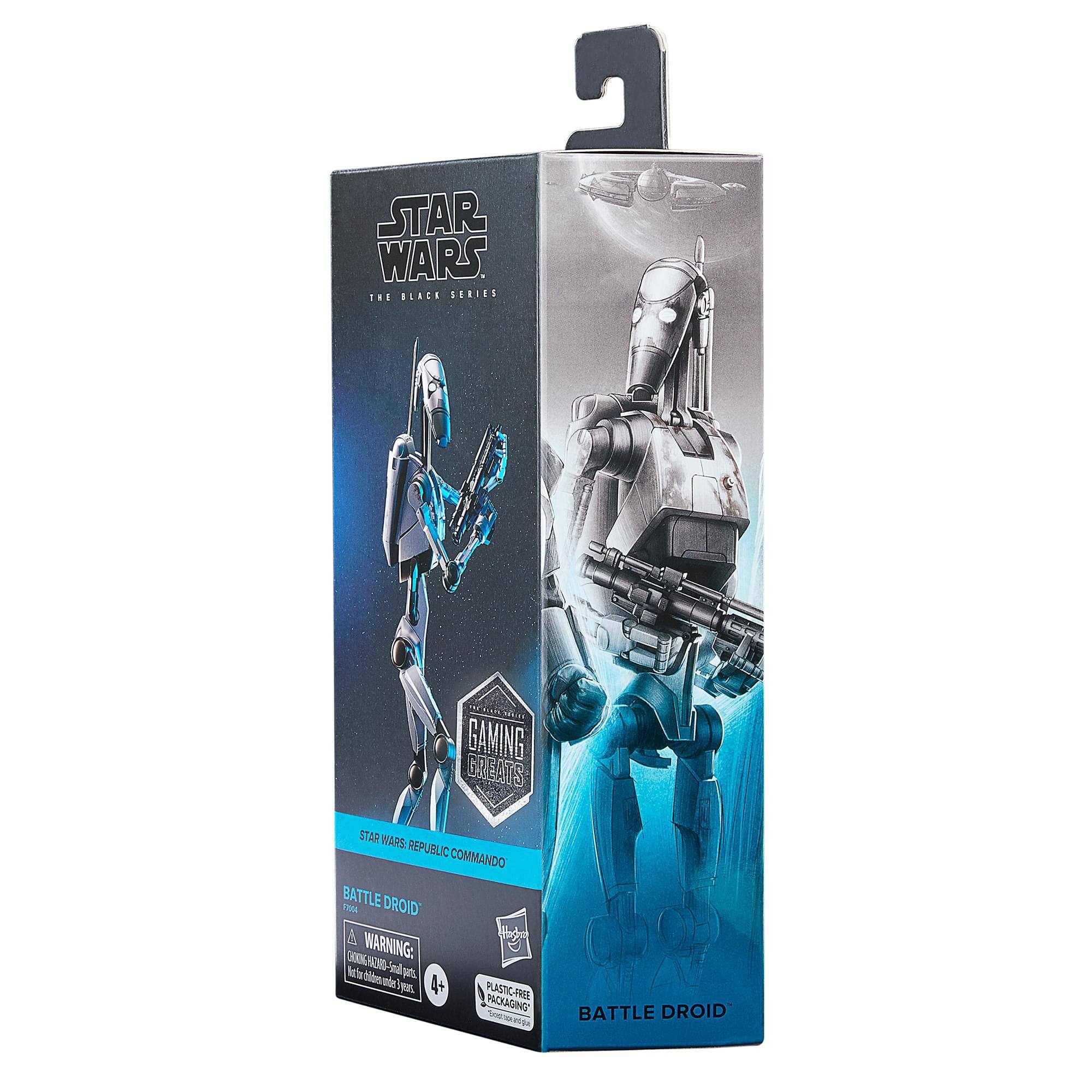 STAR WARS THE BLACK SERIES  
GAMING GREATS  
STAR WARS REPUBLIC COMMANDO  
BATTLE DROID  

WARNING: CHOKING HAZARD - Small parts. Not for children under 3 years.  
PLASTIC-FREE PACKAGING  

BATTLE DROID