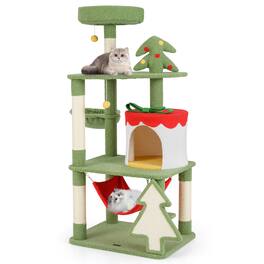 Costway - 52" Tall Christmas Cat Tower w/ Sisal Scratching Posts & Xmas Tree Pet Indoor Furniture Holiday Decoration - Green,Red,Yellow,White