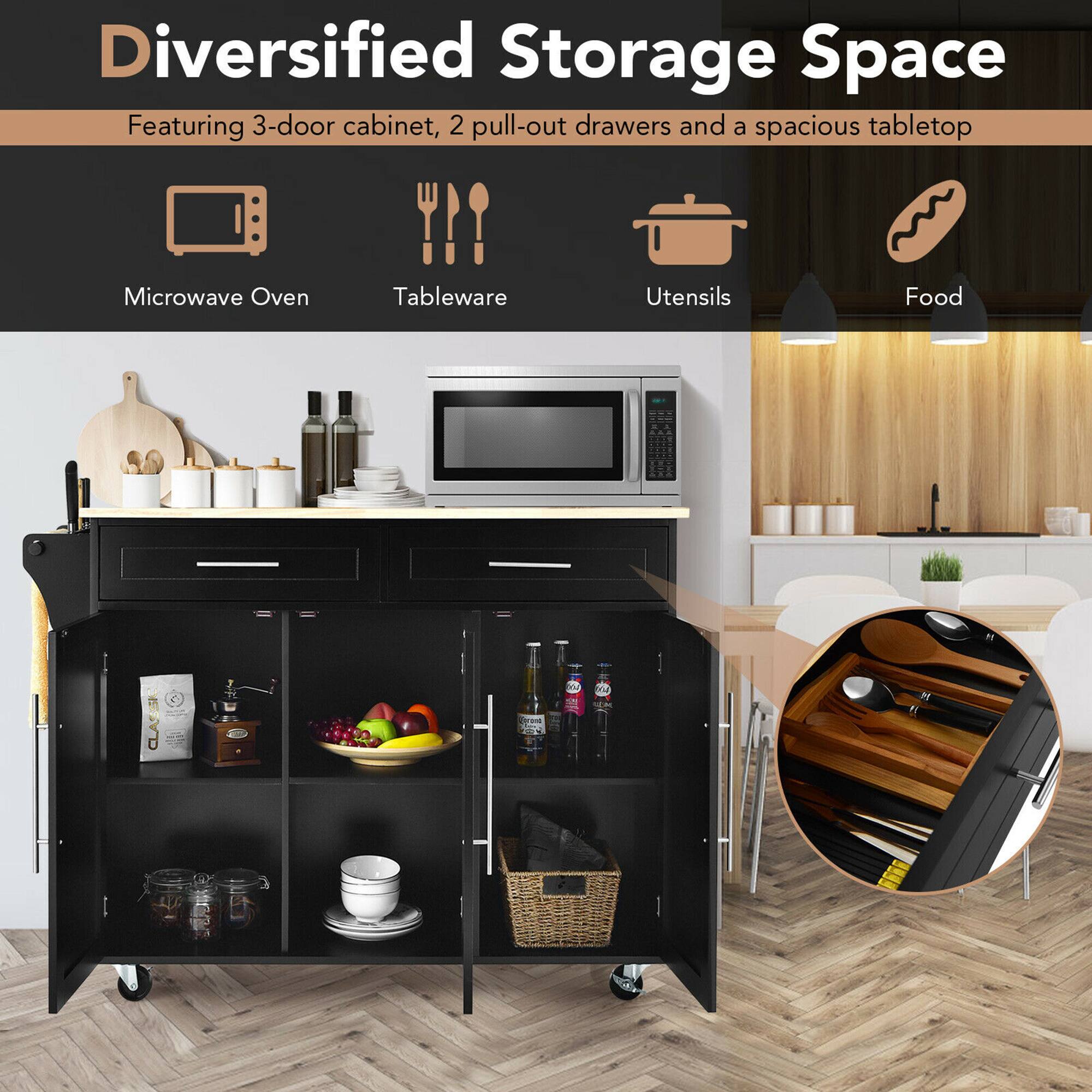 Diversified Storage Space  
Featuring 3-door cabinet, 2 pull-out drawers and a spacious tabletop  

- Microwave Oven  
- Tableware  
- Utensils  
- Food