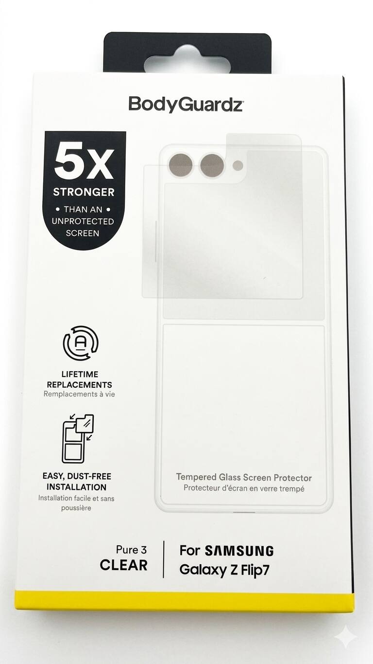 BodyGuardz

5x STRONGER THAN AN UNPROTECTED SCREEN

LIFETIME REPLACEMENTS

EASY, DUST-FREE INSTALLATION

Tempered Glass Screen Protector

Pure 3 CLEAR

For SAMSUNG Galaxy Z Flip7