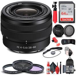 Sony - FE 28-60mm f/4-5.6 Lens + Filter Kit + BackPack + 64GB Card + More (International Model) - Black