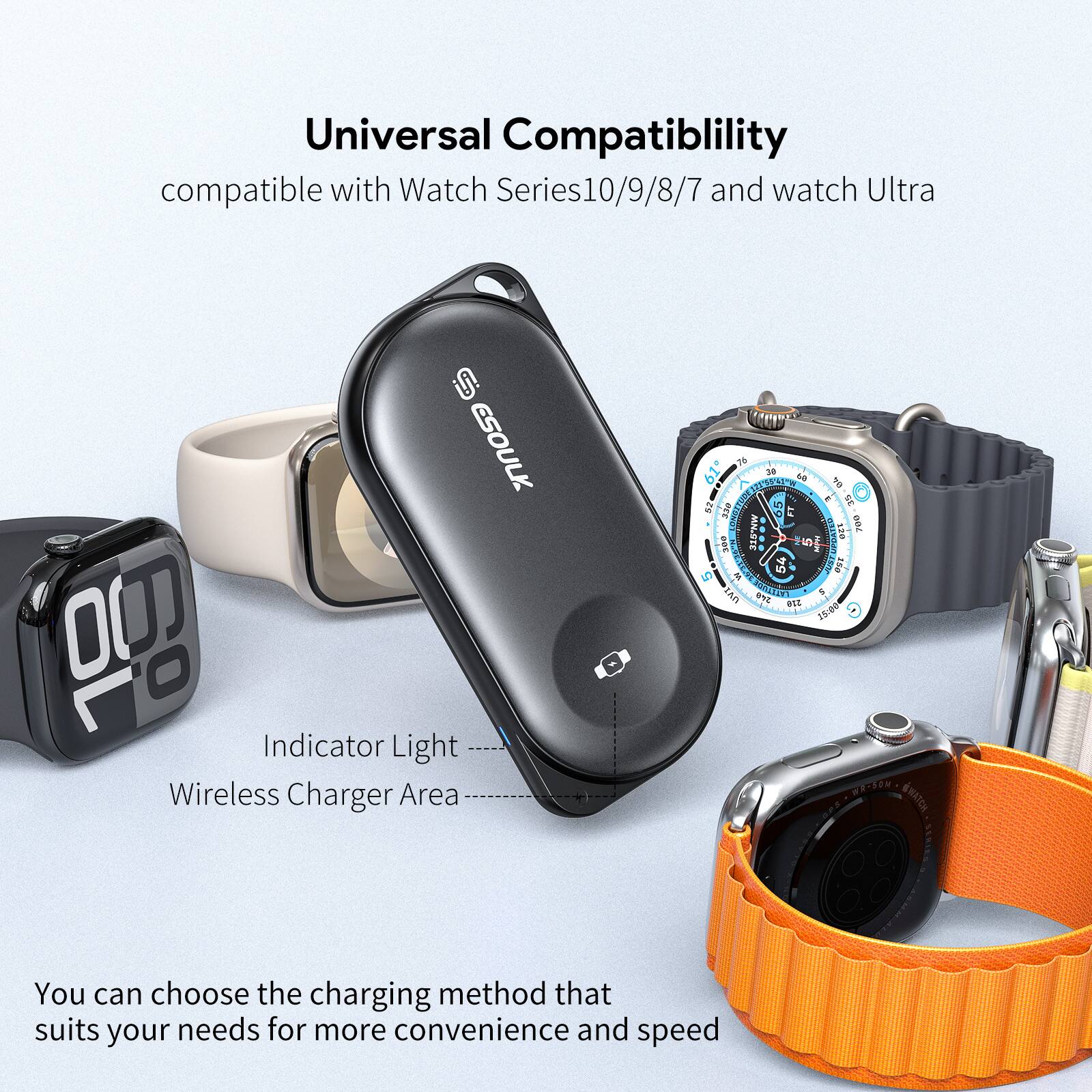 Universal Compatibility  
compatible with Watch Series 10/9/8/7 and watch Ultra  

Indicator Light  
Wireless Charger Area  

You can choose the charging method that suits your needs for more convenience and speed