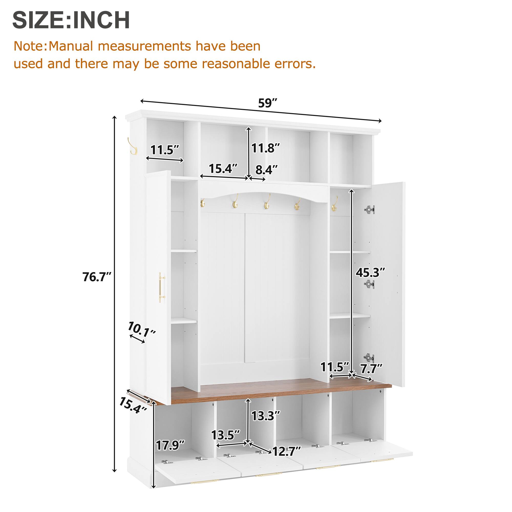 SIZE: INCH

Note: Manual measurements have been used and there may be some reasonable errors.

59"  
11.5"  
11.8"  
15.4"  
8.4"  
76.7"  
45.3"  
10.1"  
11.5"  
7.7"  
15.4"  
17.9"  
13.3"  
13.5"  
12.7"