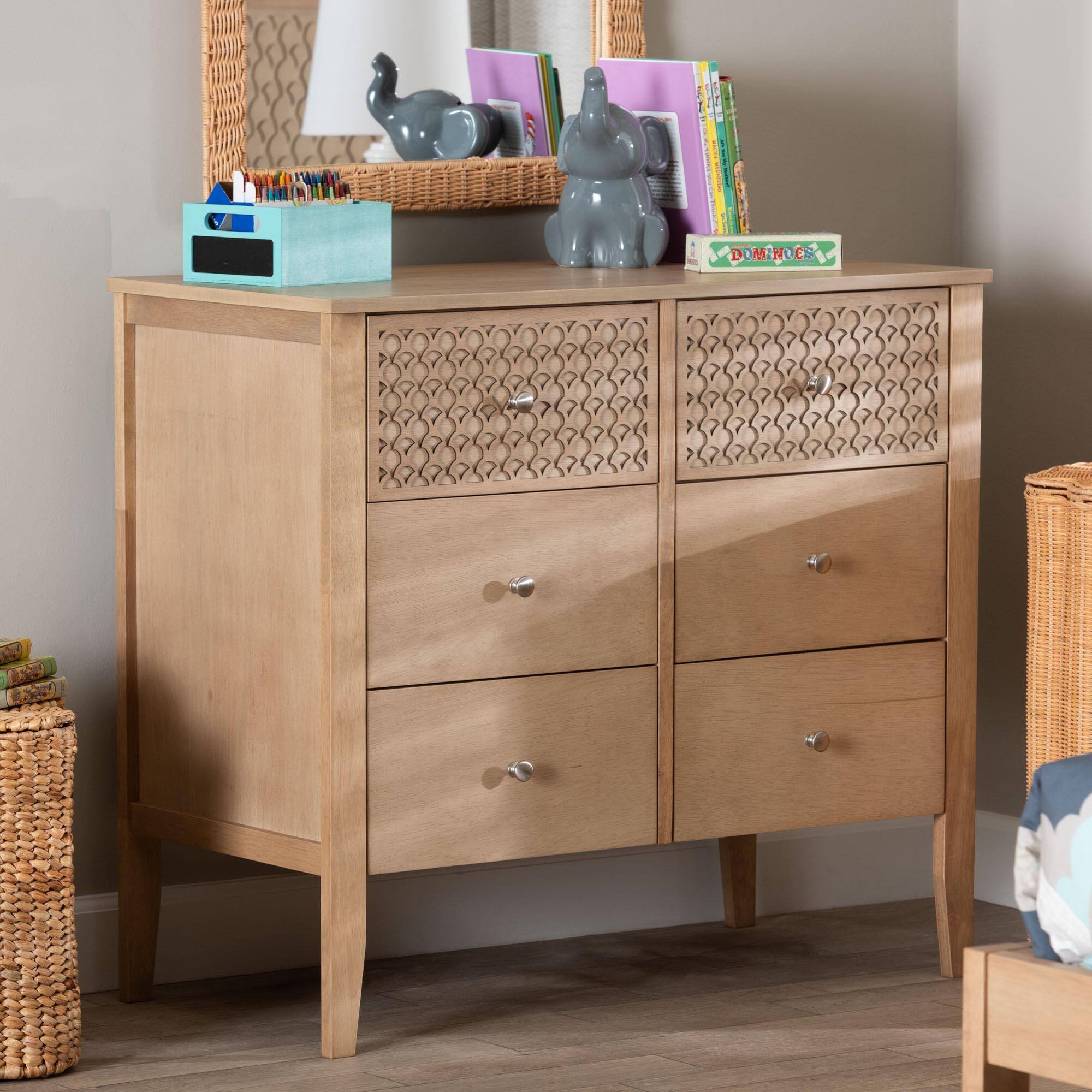 Alt View 4. Baxton Studio - Lara Dresser - 6-Drawer Bedroom Storage Chest with Laser-Cut Geometric Overlay for Clothing and Organization - Oak Brown.
