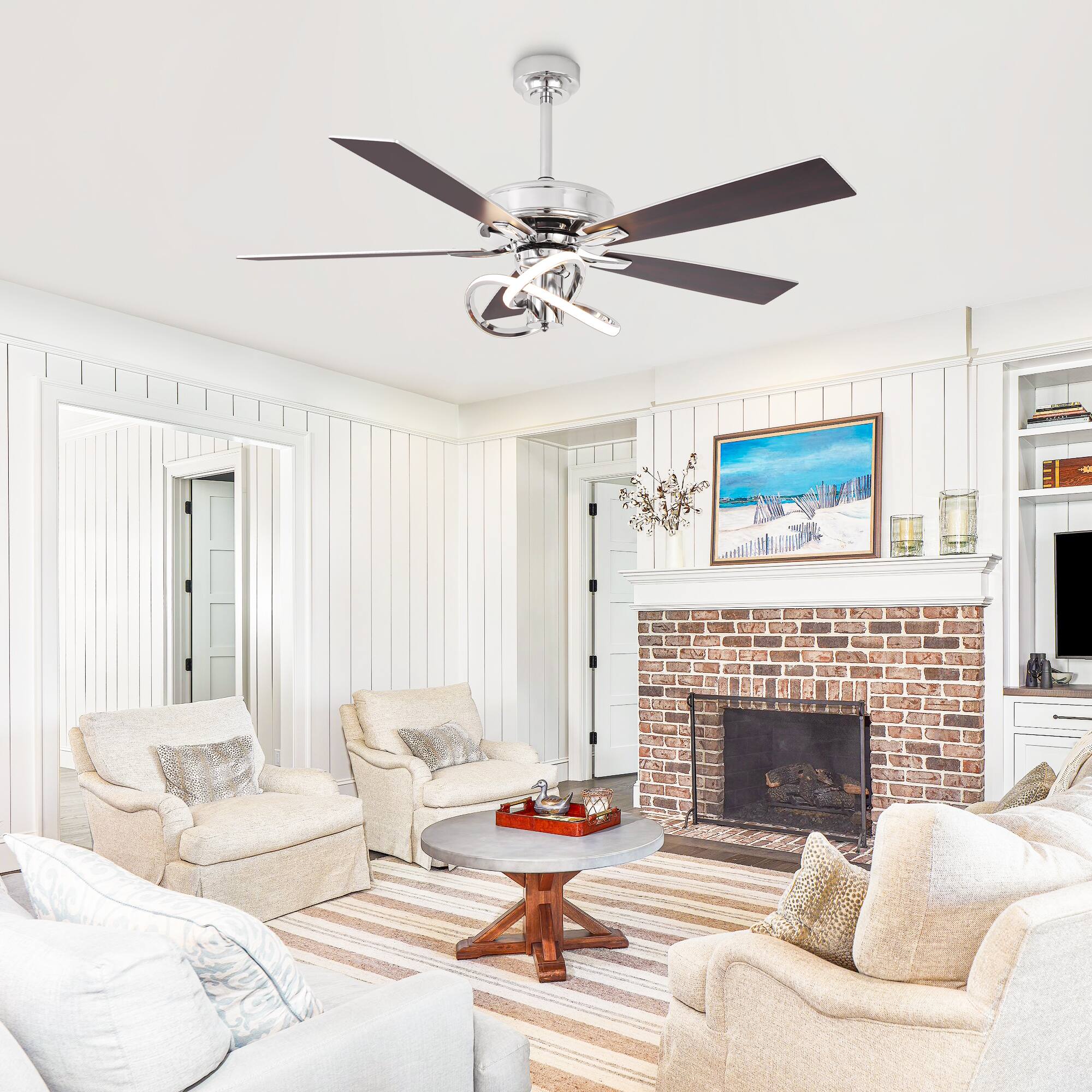 Left. Parrot Uncle - 52-Inch Modern Chrome Integrated LED Ceiling Fan with Light and Remote Control - Chrome.