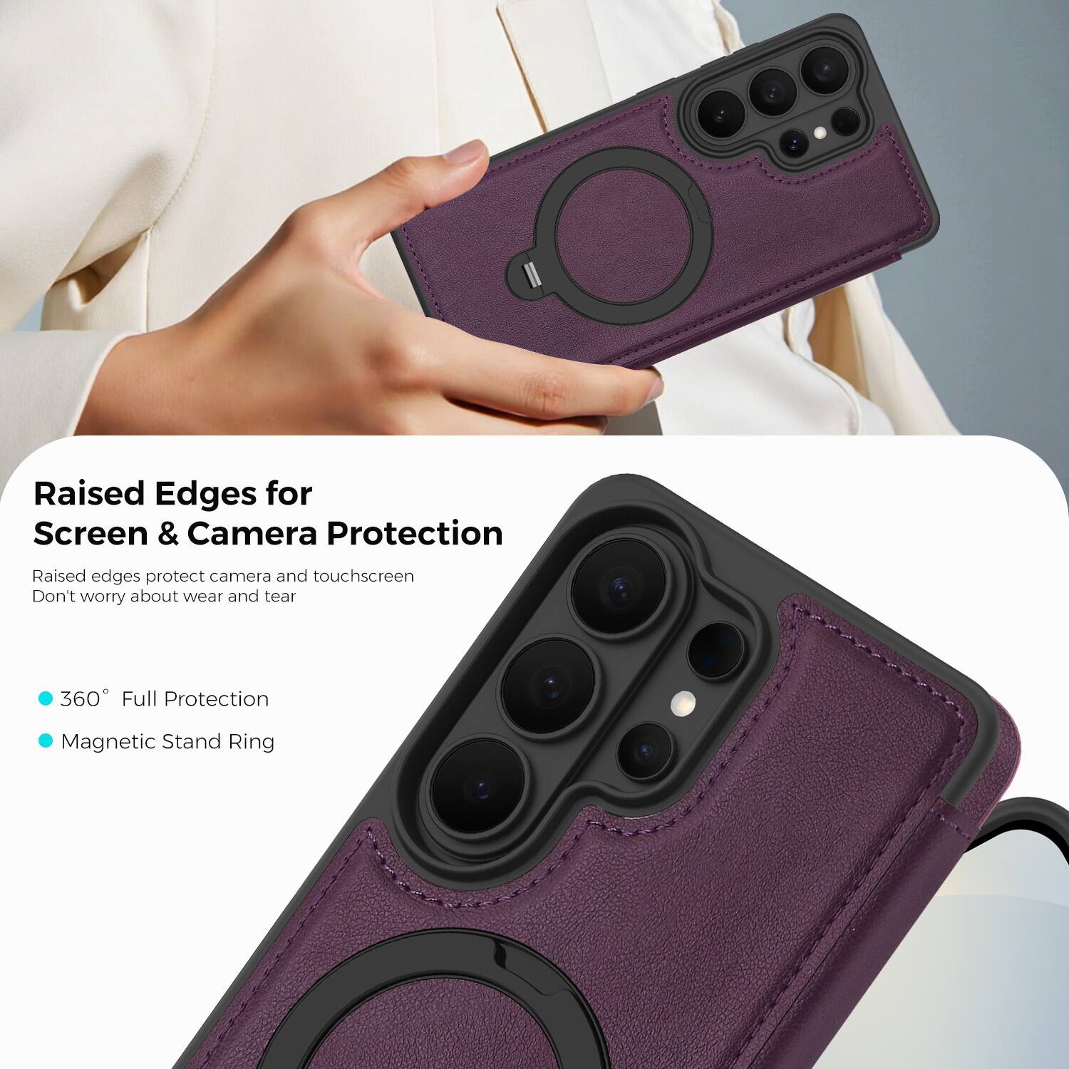 Raised Edges for Screen & Camera Protection  
Raised edges protect camera and touchscreen  
Don't worry about wear and tear  

360° Full Protection  
Magnetic Stand Ring