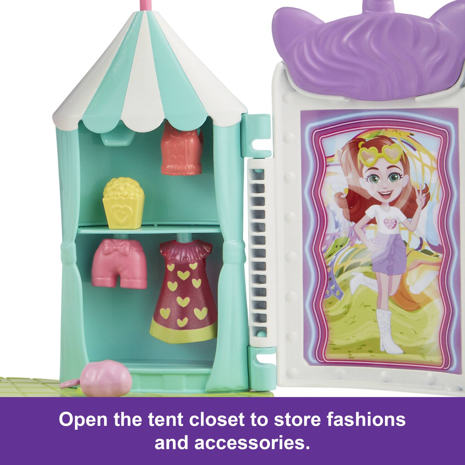 Open the tent closet to store fashions and accessories.