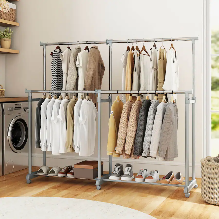 Costway Double Rod Clothes Rack with Extendable Height & Width for ...