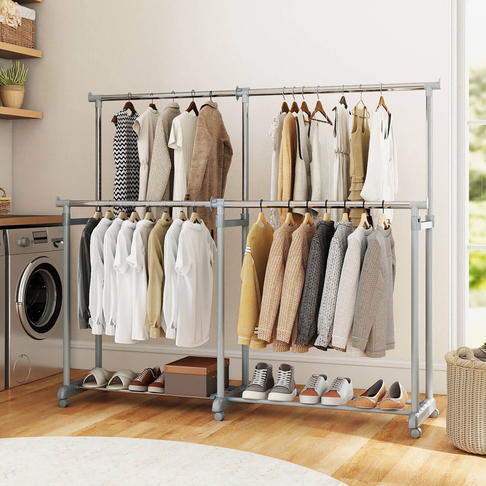 Costway Double Rod Clothes Rack with Extendable Height & Width for ...