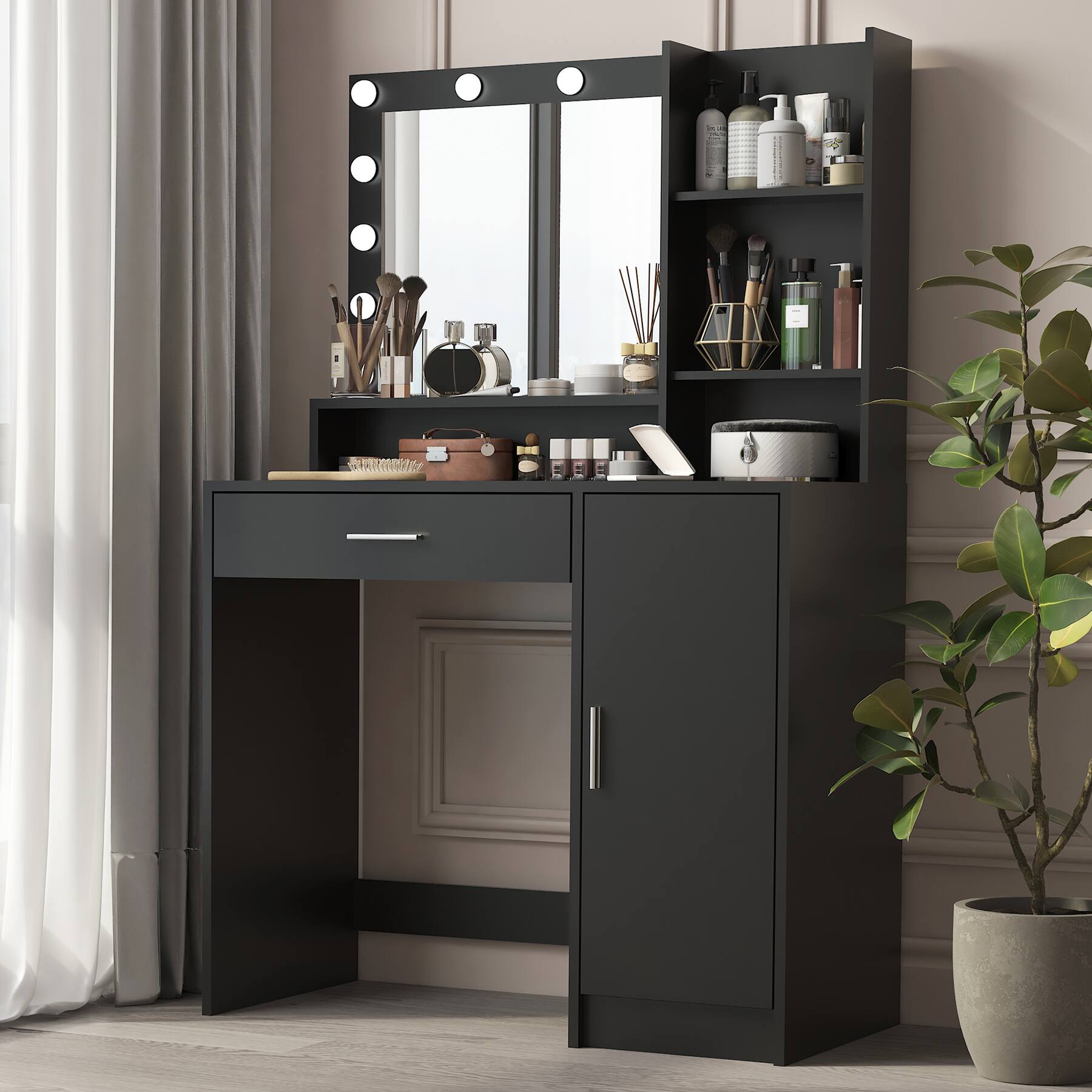 Angle. Lirago - Vanity Desk with Mirror Light Wood Dresser Table Makeup Vanities Black 53.9"H x 15.7"D x 35.4"W - Black.
