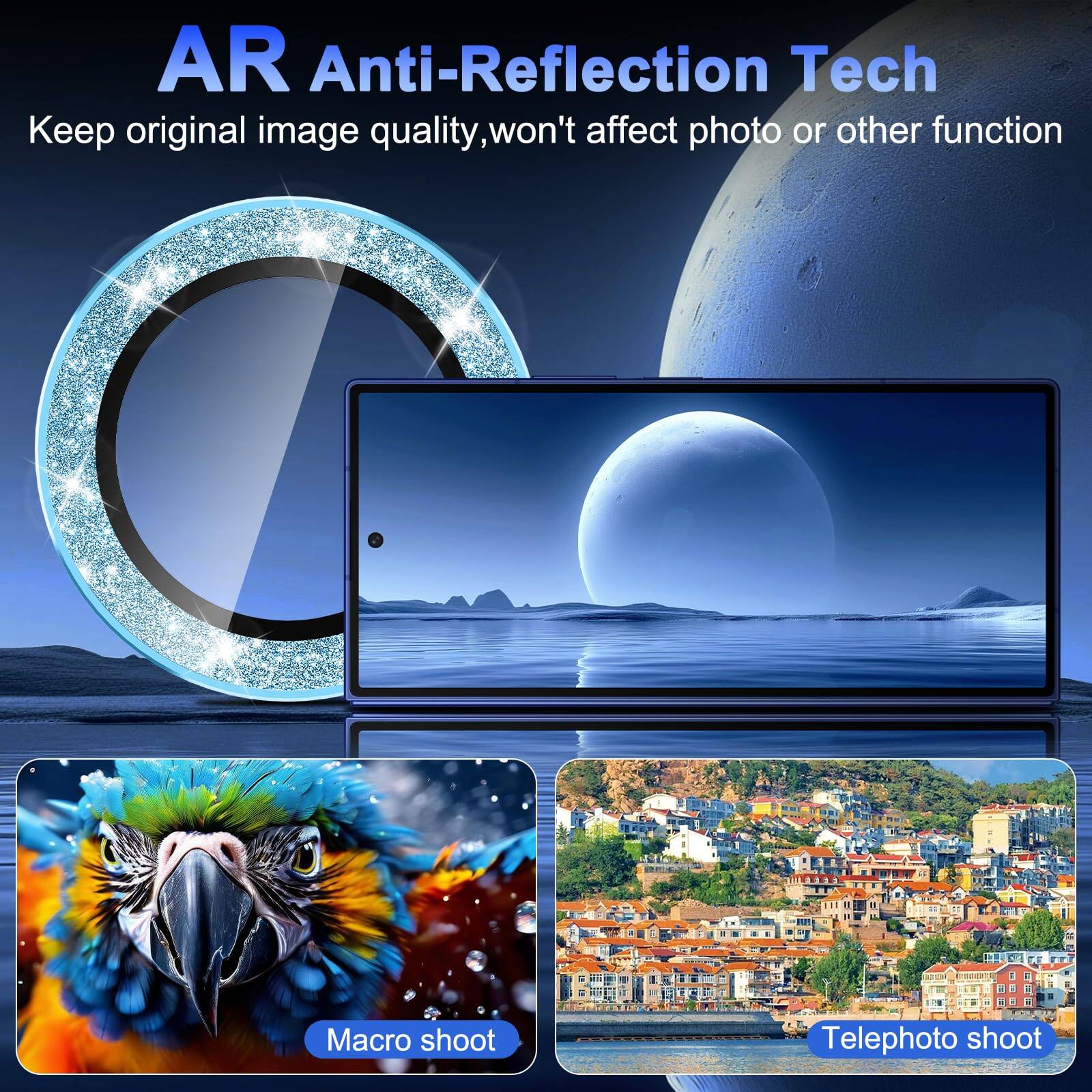 AR Anti-Reflection Tech  
Keep original image quality, won't affect photo or other function  
Macro shoot  
Telephoto shoot