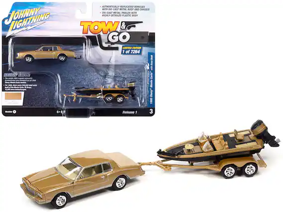 **JOHNNY LIGHTNING**
**TOW & GO**
**LIMITED EDITION 1 of 7264**
**HAULIN' FACTS:**
The metric 200 3-speed automatic transmission was standard on all 1980 Chevy Monte Carlo units. For 1980, there were 148,842 total units built of the Monte Carlo. Of those, 16,853 were turbocharged.
**AUTHENTICALLY REPLICATED VEHICLES WITH DIE-CAST METAL BODY AND CHASSIS DIE-CAST METAL TRAILER WITH HIGHLY-DETAILED PLASTIC BODY**
**1980 Chevy Monte Carlo with "Bass Boat"**
**Version 6**
**Release 1**
**3**