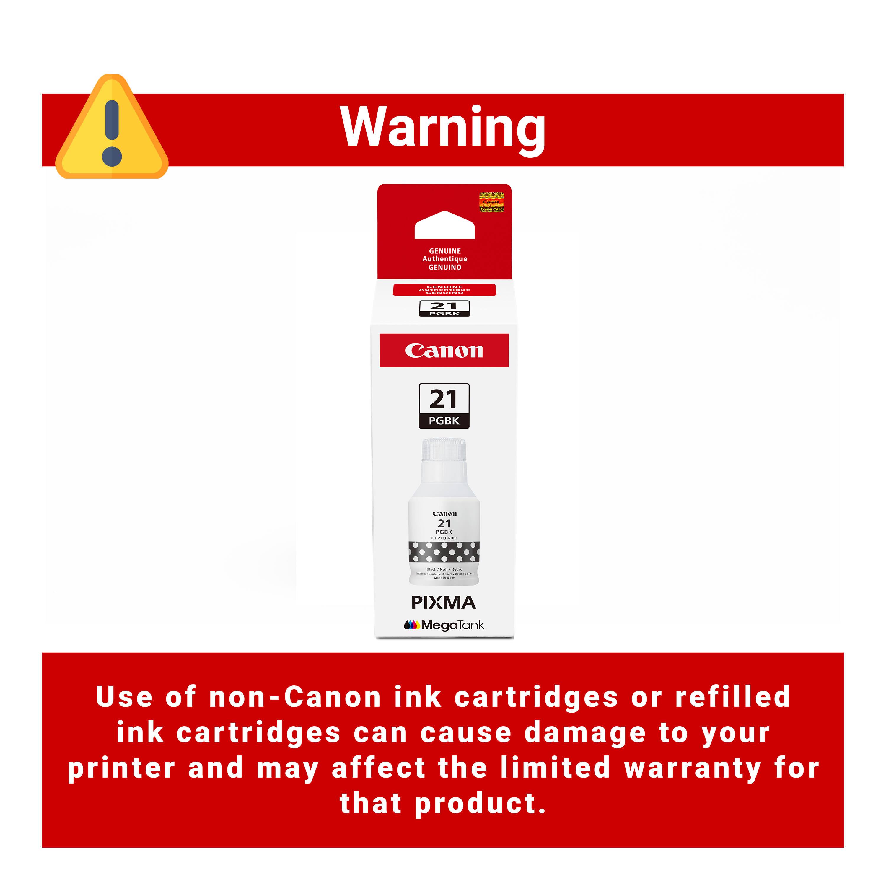 Warning

Use of non-Canon ink cartridges or refilled ink cartridges can cause damage to your printer and may affect the limited warranty for that product.