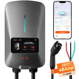 GlowWise - 48A Smart WiFi Level 2 EV Charger with RFID Card & Display. 25ft Cable, Outdoor Electric Vehicle Charging Station - Gray