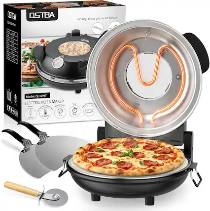OSTBA Crispy crust pizza at home
Model: QL32WT ELECTRIC PIZZA MAKER
Power: 1200W
Temperature: 0-800F
Timer: 12 min
Baking Time: 1 min