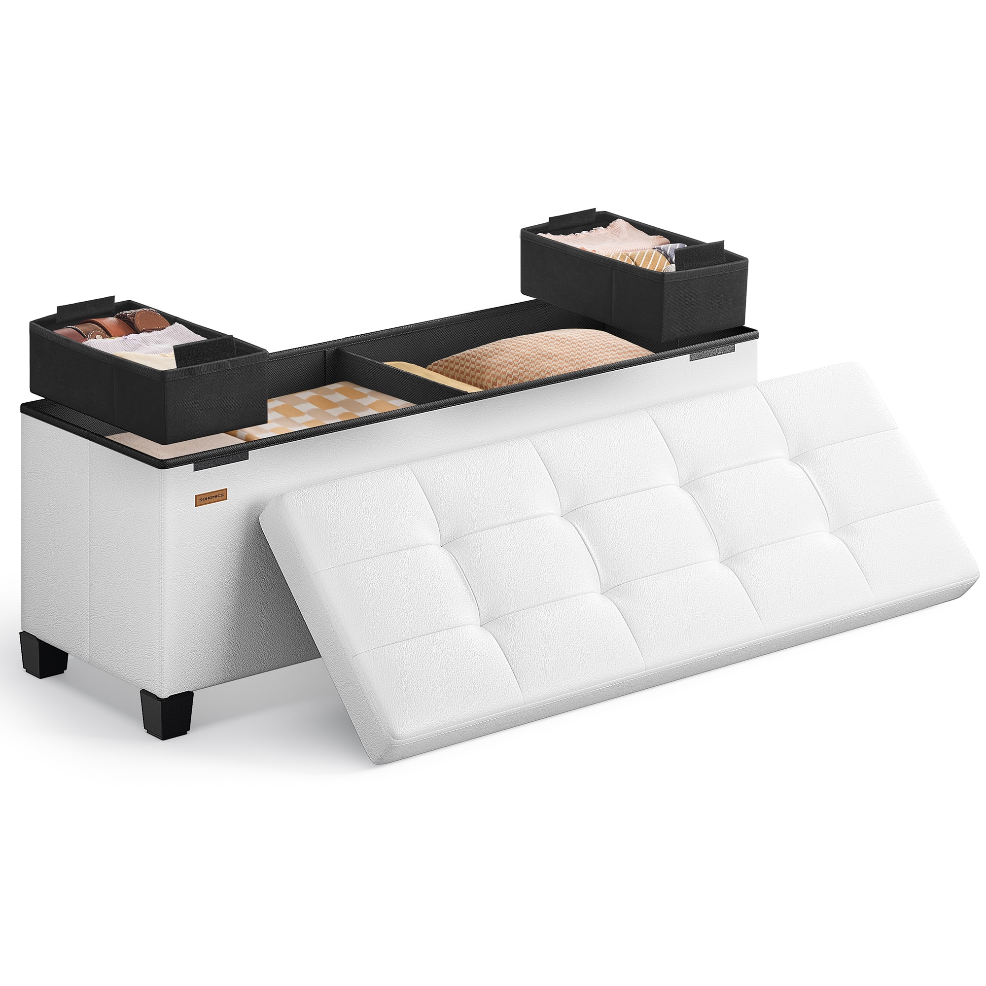 Songmics Home - Storage Ottoman, Storage Bench with Legs, 15 x 43 x 15.7 Inches, Ottoman Bench, 30 Gal. (112 L), Synthetic Leather - Cloud White