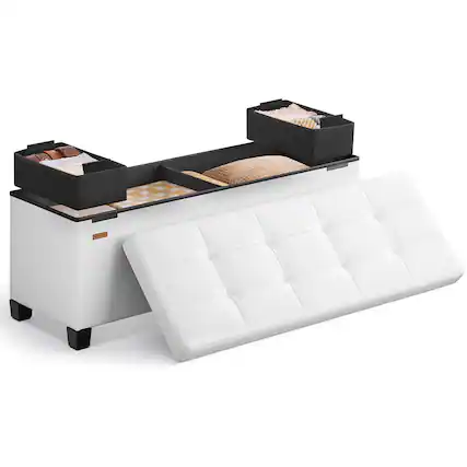 Front. Songmics Home - Storage Ottoman, Storage Bench with Legs, 15 x 43 x 15.7 Inches, Ottoman Bench, 30 Gal. (112 L), Synthetic Leather - Cloud White.