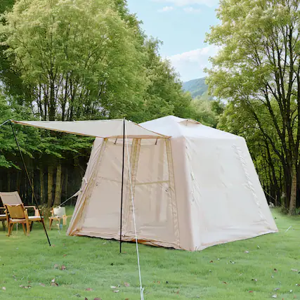 Front. Loheer - Inflatable Cabin Camping Tent for 2-3 Persons - Waterproof 210D Oxford Easy Setup Blow Up Tent with Pump & Awning - Beige.