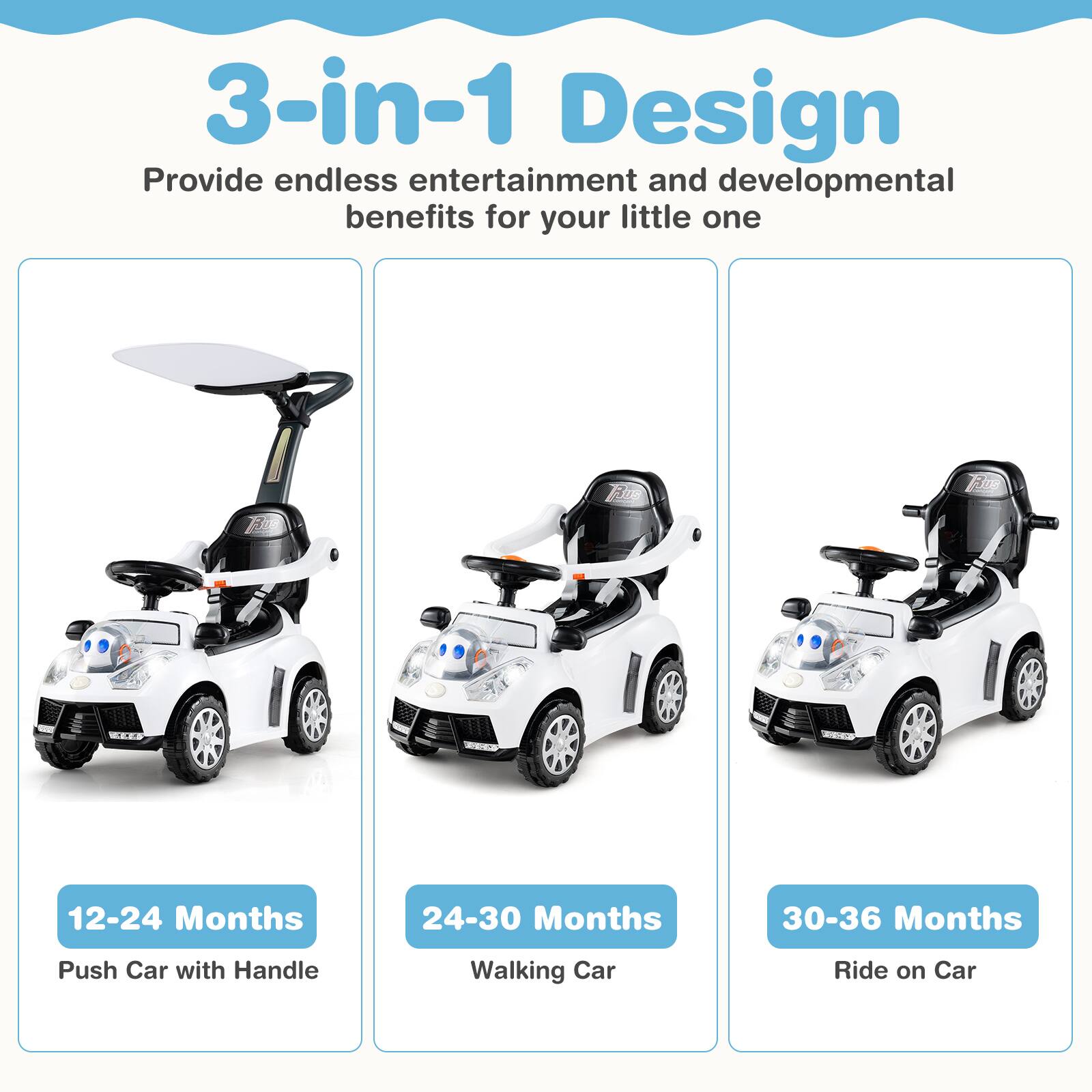 3-in-1 Design  
Provide endless entertainment and developmental benefits for your little one  

12-24 Months  
Push Car with Handle  

24-30 Months  
Walking Car  

30-36 Months  
Ride on Car
