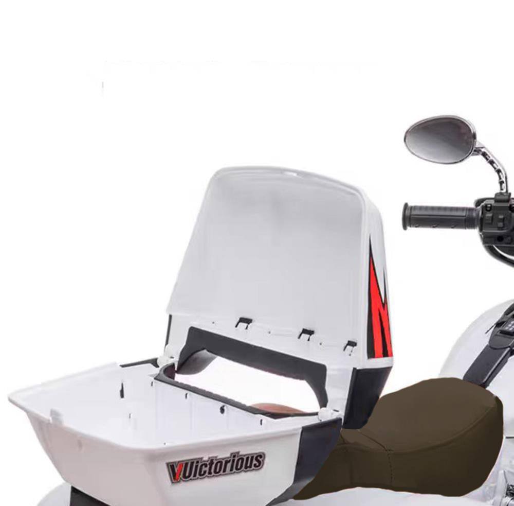 Alt View 1. BreeBe - 12V Kids Electric Ride On Motorcycle, 2-Seater w/ Key Start, 3 Wheels, Headlight, Storage Box, Dual Motors - White.