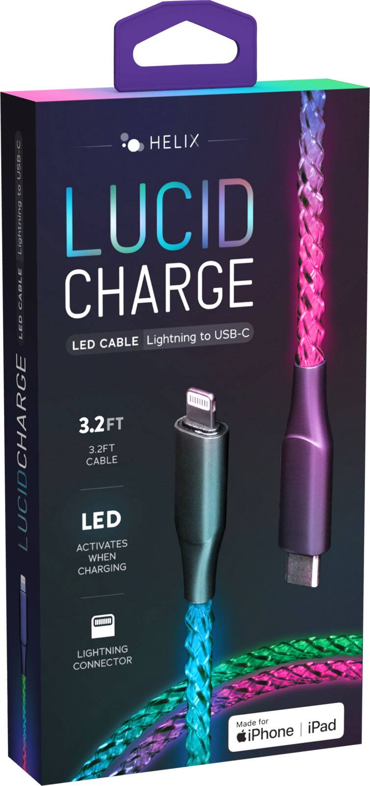 The text on the image is:
"HELIX USB-C to Lightning LUCID CABLE CHARGE LED Lightning to USB-C LED CABLE 3.2FT LUCIDCHARGE 3.2FT CABLE LED 7 ACTIVATES WHEN CHARGING LIGHTNING CONNECTOR Made for iPhone | iPad"
The corrected text is:
"HELIX USB-C to Lightning LUCID CABLE CHARGE LED Lightning to USB-C LED CABLE 3.2FT LUCIDCHARGE 3.2FT CABLE LED 7 ACTIVATES WHEN CHARGING LIGHTNING CONNECTOR Made for iPhone | iPad"