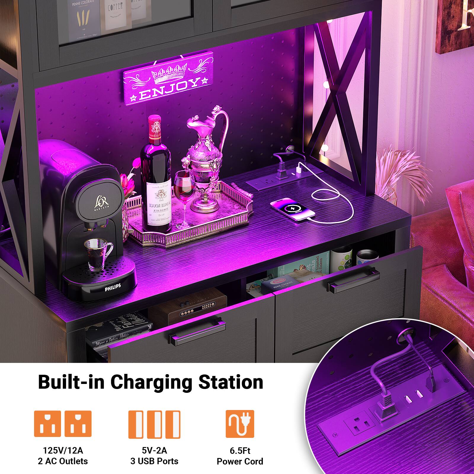 N COORN . COTTEE I ENJOY BASTAE - loucil BeR KMa m N PHILIPS  - S  RO cormm im nie .... Built-in Charging Station 125V/12A 2 AC Outlets 5V-2A 3 USB Ports 6.5Ft Power Cord